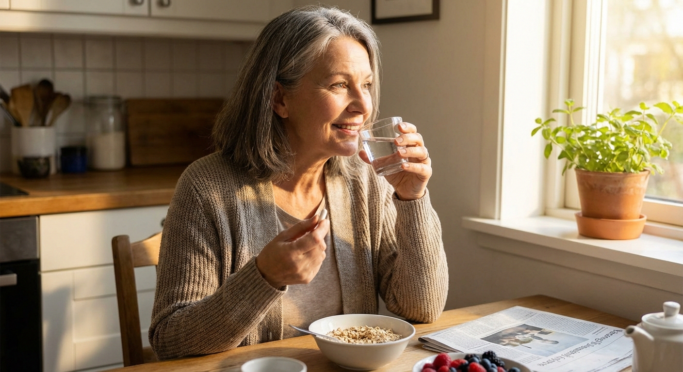 Mature woman taking her daily Nervovive supplement capsule with water, feeling improved nerve comfort over time