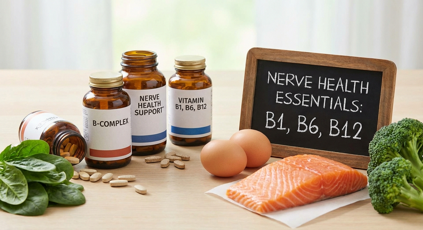 B vitamin supplements including B1, B6, and B12 with natural food sources for nerve health