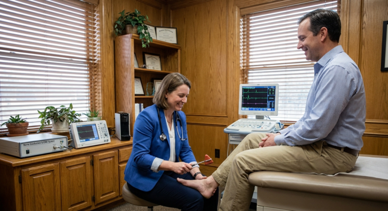 Doctor performing neurological exam testing foot reflexes for neuropathy diagnosis