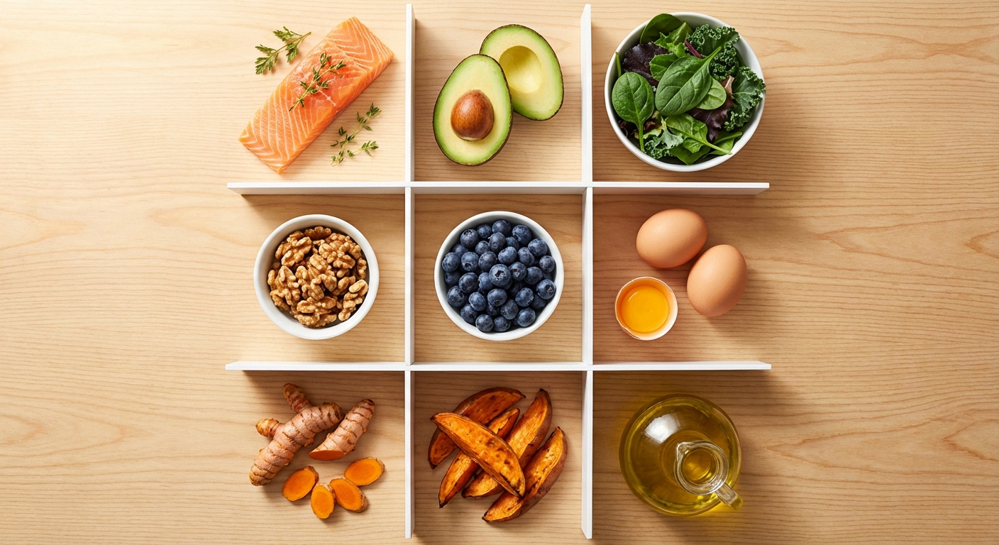 Grid of the 10 best foods for neuropathy nerve health including salmon, berries, eggs, walnuts and leafy greens