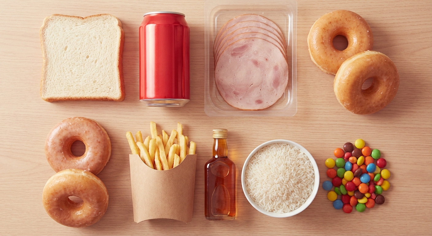 Foods to reduce with neuropathy including sugary soda, white bread, alcohol, and processed snacks