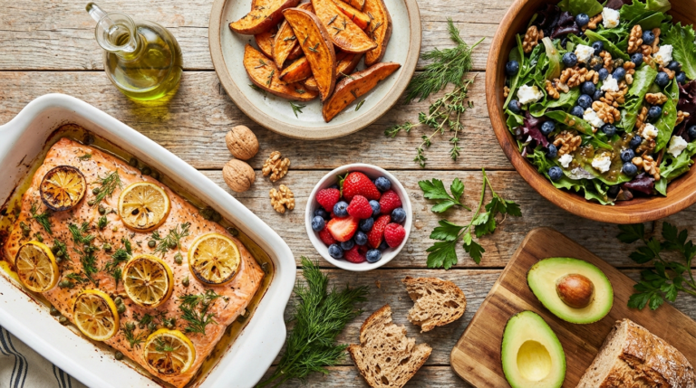 Abundant Mediterranean meal spread with salmon, sweet potatoes, leafy greens, berries, olive oil and avocado for neuropathy diet