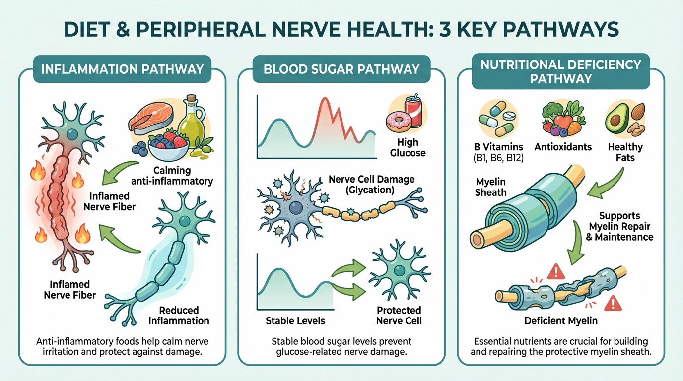 Infographic showing three pathways by which diet affects neuropathy: inflammation, blood sugar, and nutritional deficiency