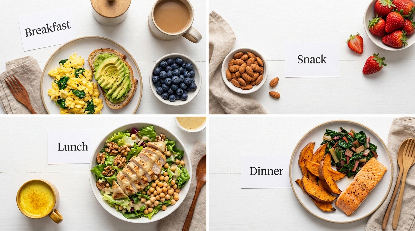 Flat lay of a full neuropathy-friendly day of meals including eggs, salmon, salad, berries, and turmeric milk