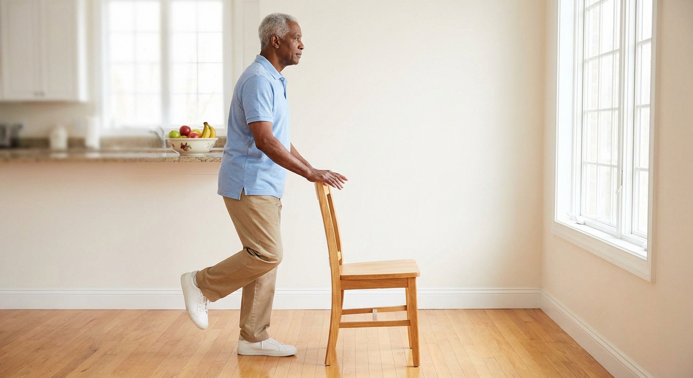Senior man performing single-leg balance exercise with chair support for neuropathy