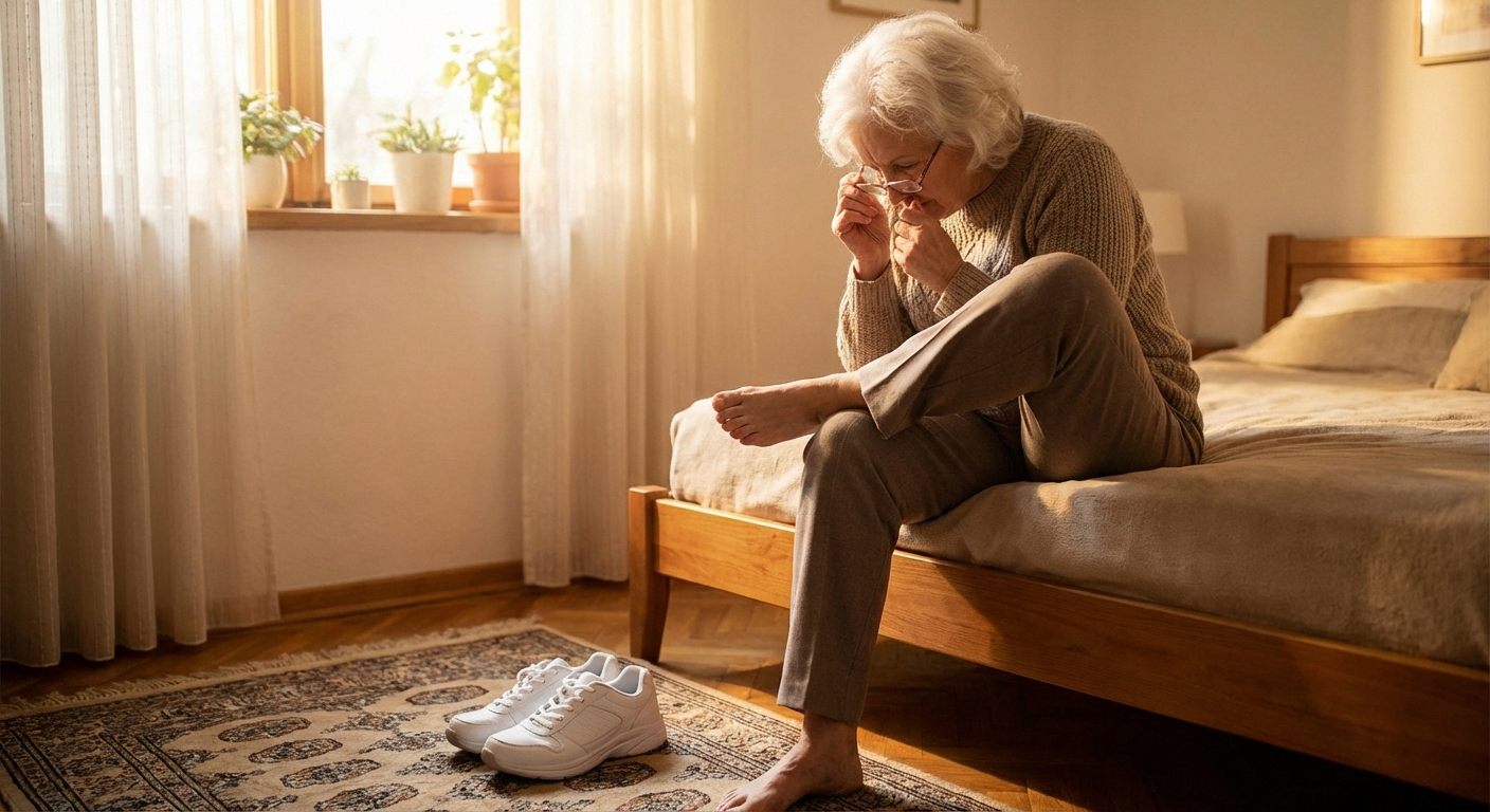 Senior woman checking her foot for redness or sores before exercising