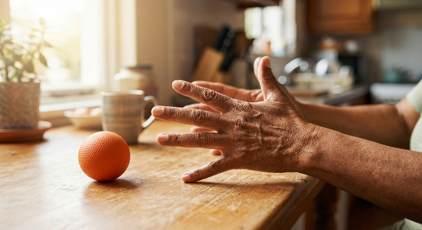 Close-up of older adult's hands doing finger spread exercise for neuropathy