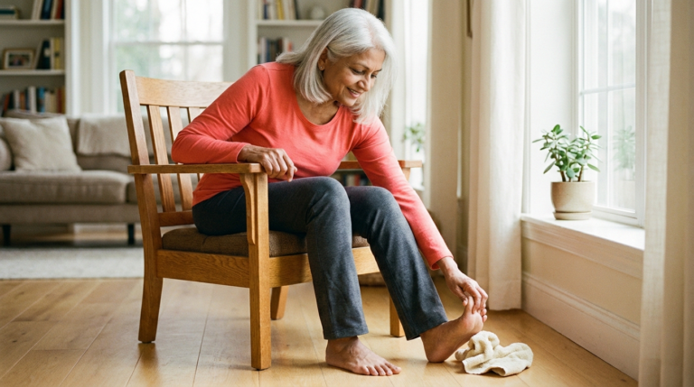 Senior woman doing seated toe curl exercise for neuropathy relief at home