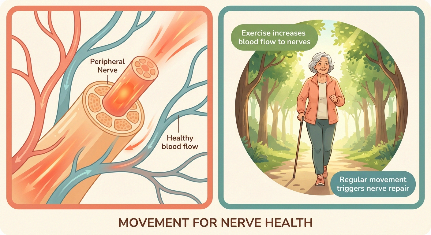Illustration showing how exercise increases blood flow to peripheral nerves