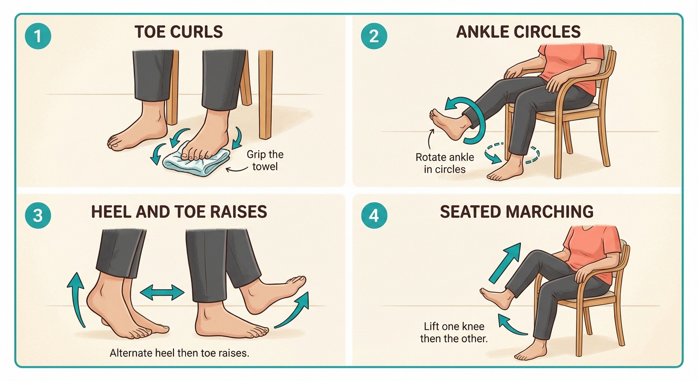 Illustrated guide showing four seated exercises for neuropathy: toe curls, ankle circles, heel and toe raises, seated marching
