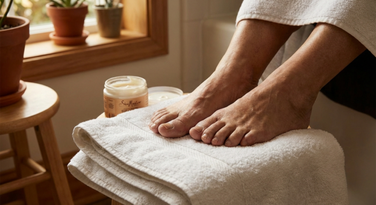 Clean, well-cared-for feet on soft towel with moisturizer nearby as part of a daily neuropathy foot care routine