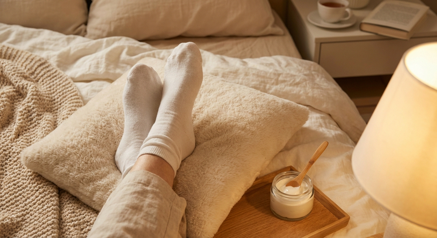 Older woman's feet in loose white cotton socks elevated on pillow with moisturizer beside them after neuropathy foot soak
