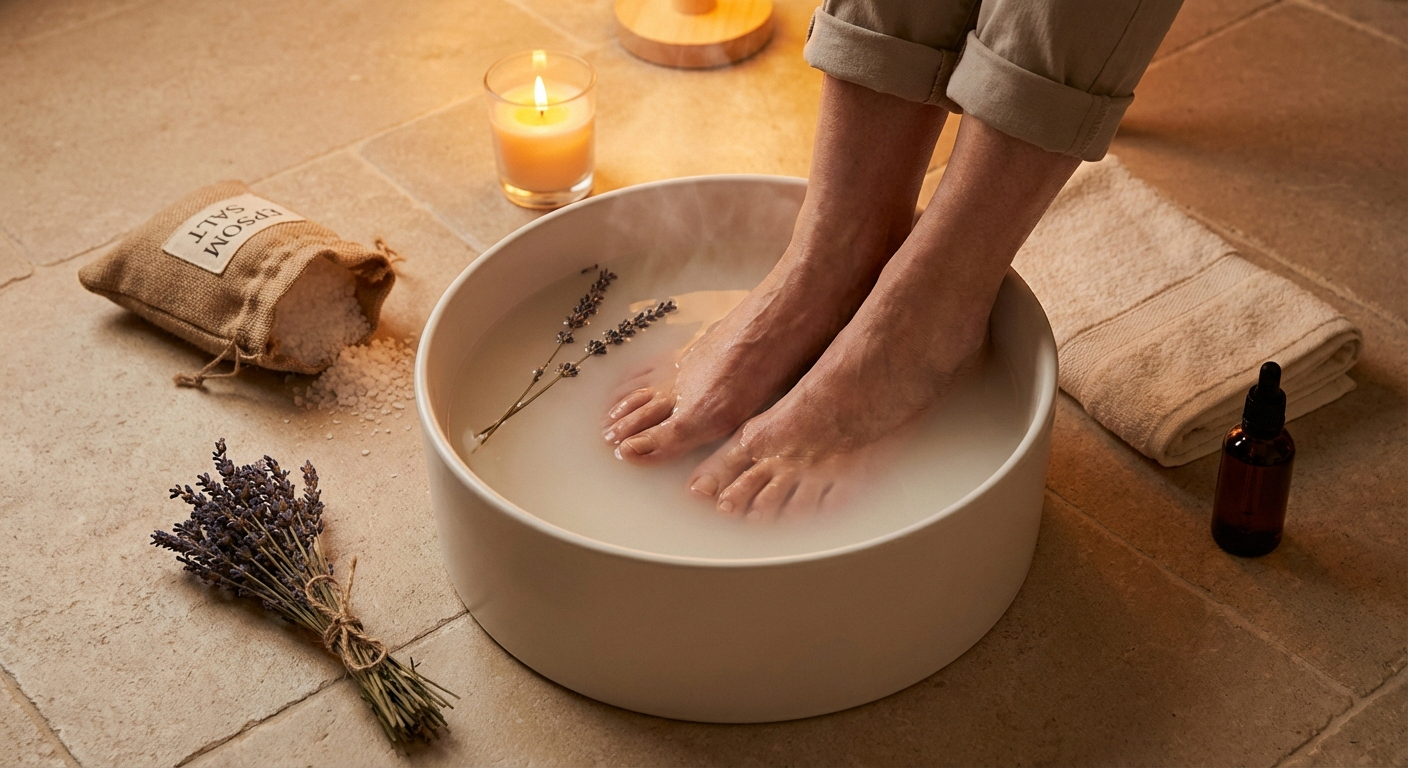 Warm Epsom salt foot soak in white ceramic basin with lavender, candle, and towel — neuropathy bedtime ritual