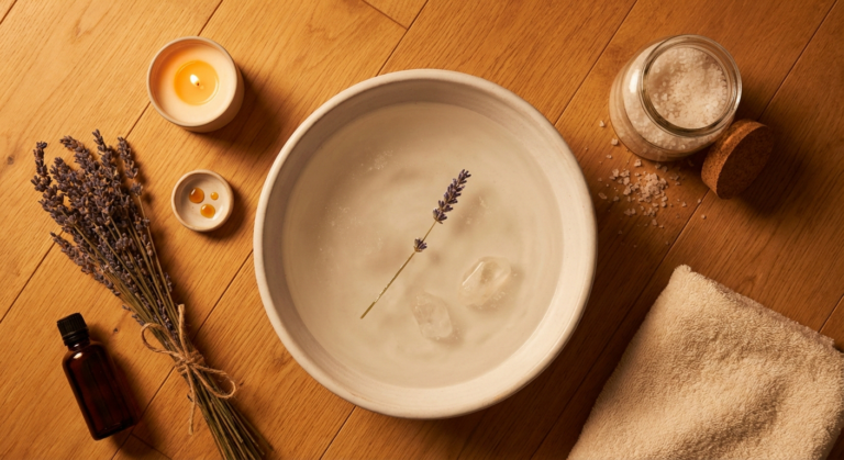 Overhead flat-lay of a neuropathy foot soak setup with ceramic basin of Epsom salt water, lavender bundle, candle, and essential oils on warm wood surface
