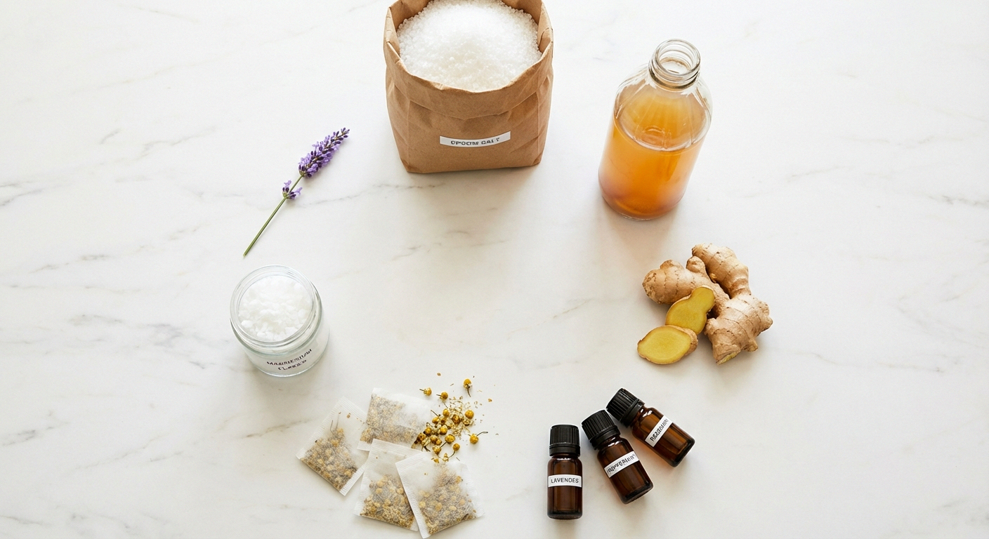 Overhead flat-lay of foot soak ingredients including Epsom salt, apple cider vinegar, fresh ginger, essential oils, chamomile tea bags, magnesium flakes, and lavender on marble surface
