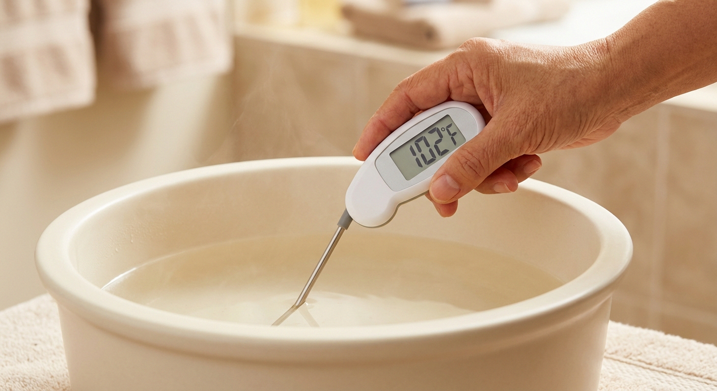 Older woman testing foot soak water temperature with digital kitchen thermometer showing 102 degrees Fahrenheit in ceramic basin
