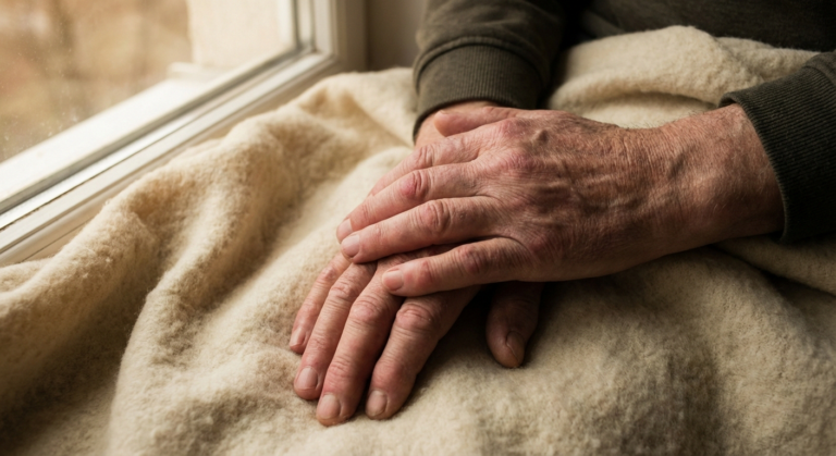 Close-up of older person's hands with gentle lighting, one hand cradling the other, suggesting tingling and discomfort from neuropathy