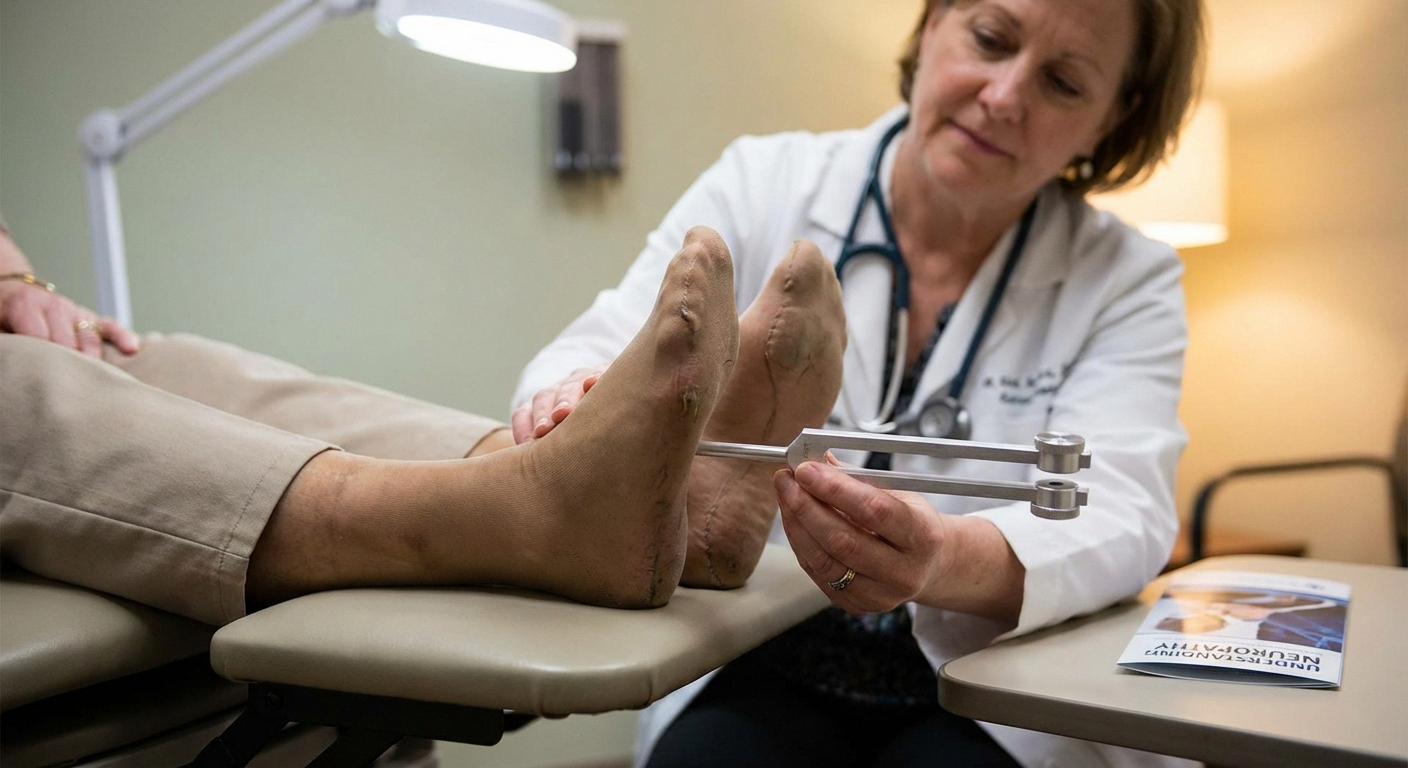 Doctor examining elderly patient feet for neuropathy symptoms including tingling and numbness