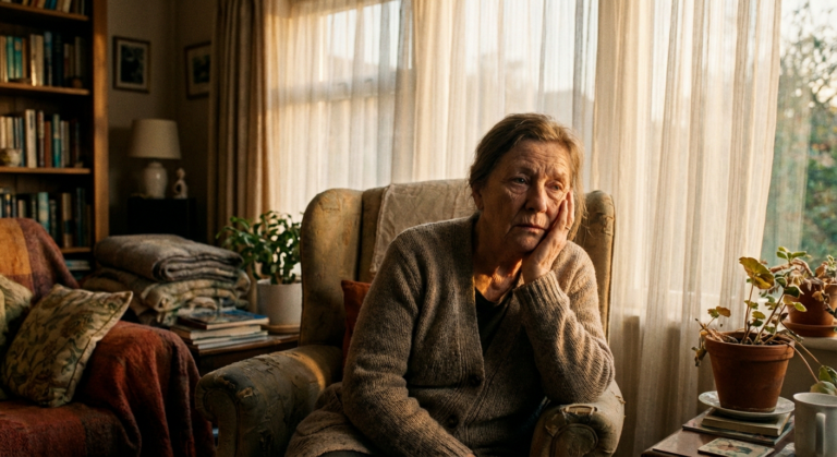 Person gazing thoughtfully in warm light reflecting on the emotional impact of neuropathy