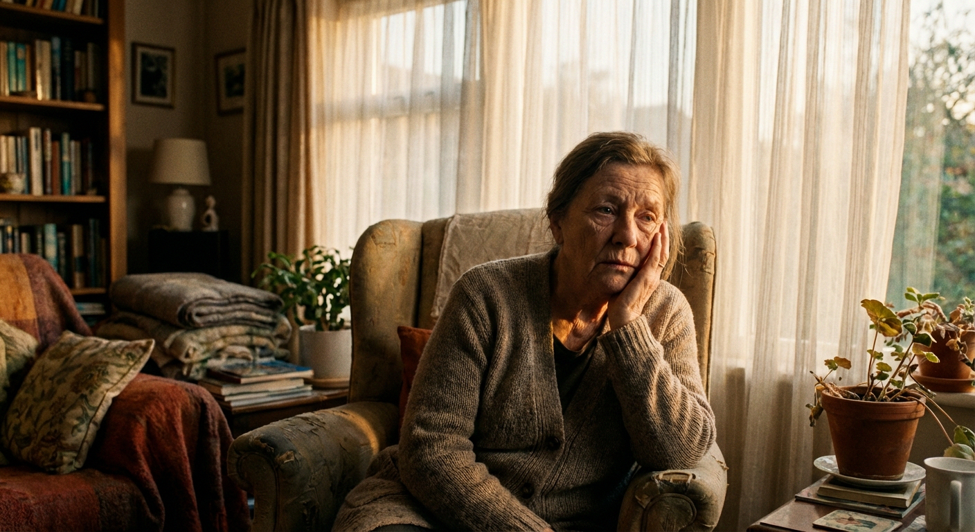 Person gazing thoughtfully in warm light reflecting on the emotional impact of neuropathy
