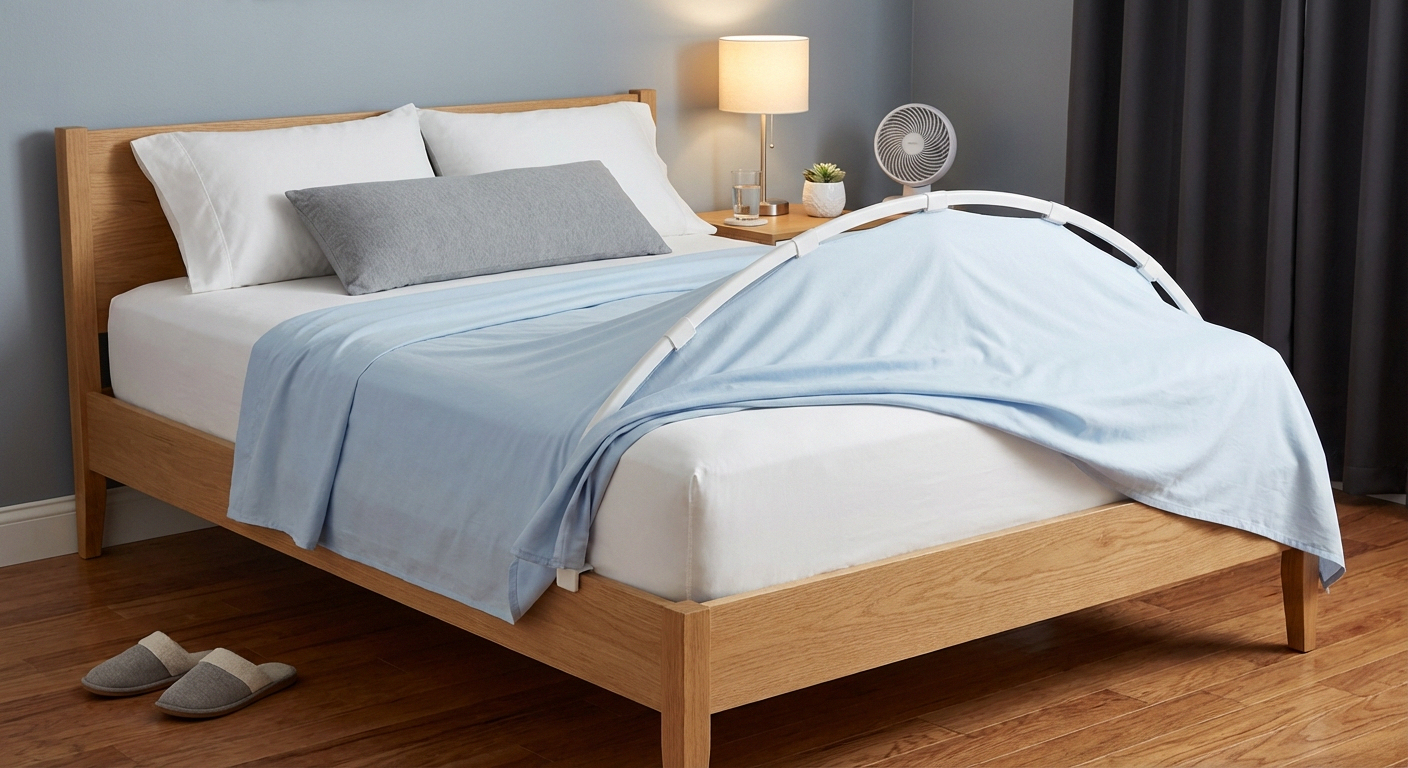 Bedroom optimized for neuropathy sleep showing bed cradle arch frame keeping covers elevated off feet