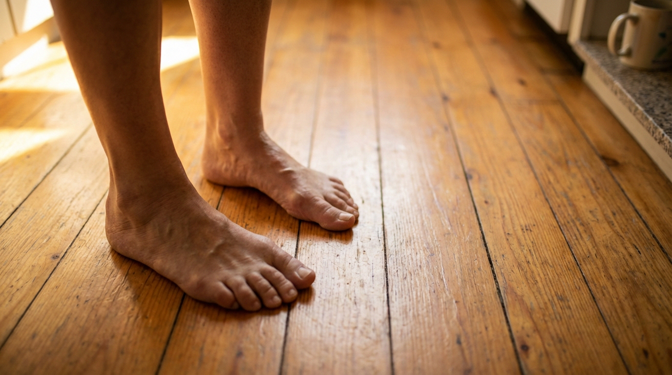 Bare feet on hardwood floor showing early neuropathy tingling and numbness