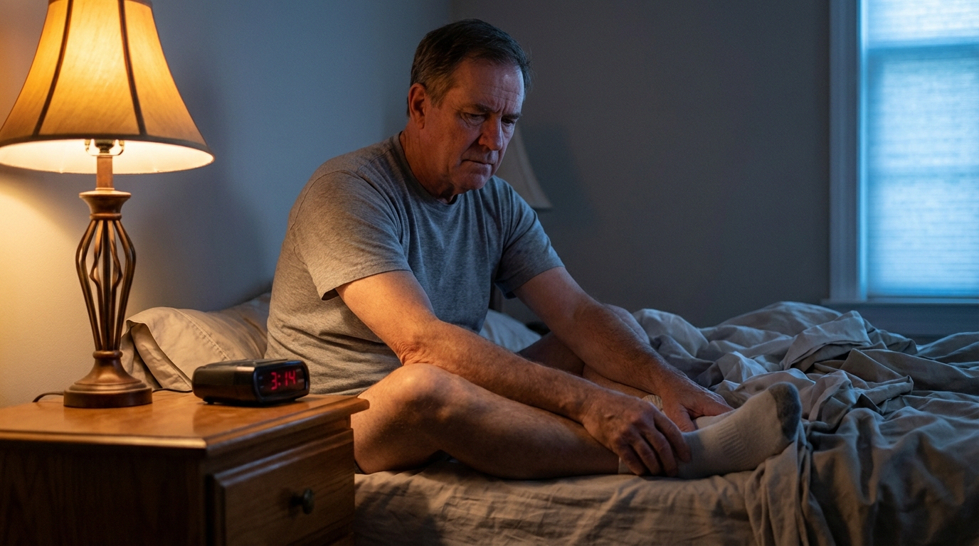 Person awake at night from burning neuropathy pain in feet