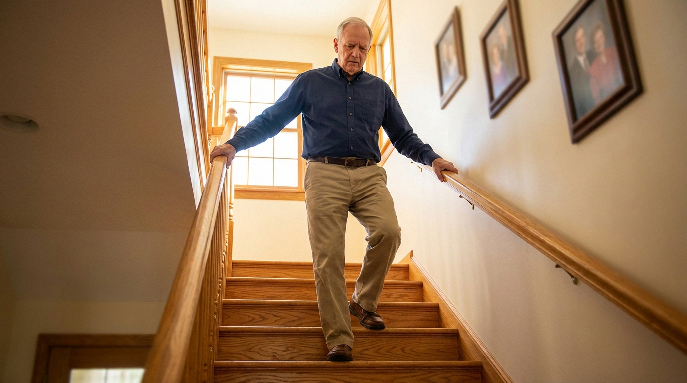 Older man gripping stairway handrail due to neuropathy balance problems