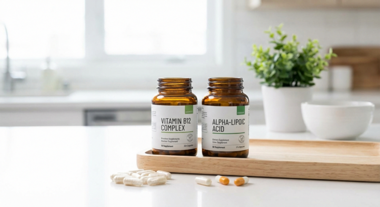 Arrangement of supplement bottles and capsules for nerve health support