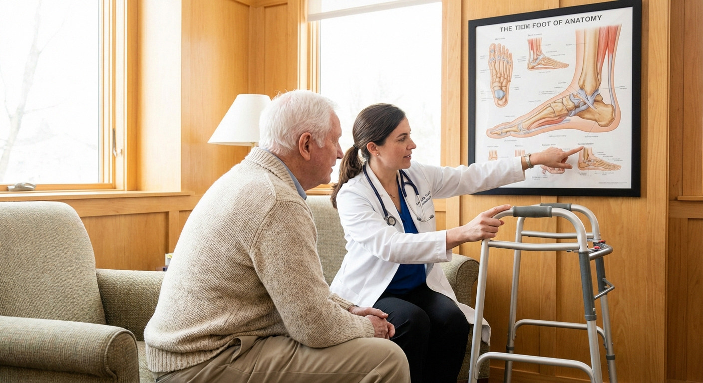 Doctor explaining walking safety tips for neuropathy patients in a clinical consultation setting
