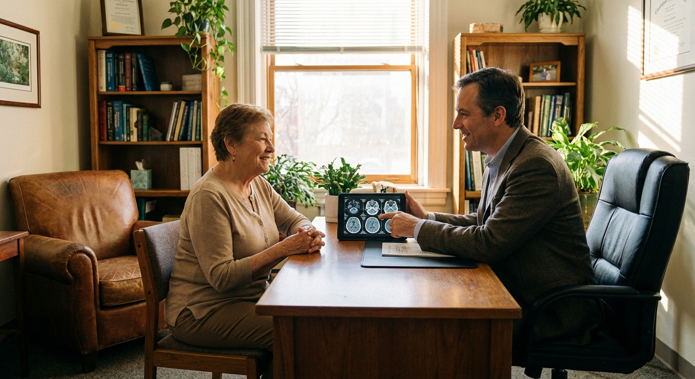 Patient discussing neuropathy test results with neurologist at appointment