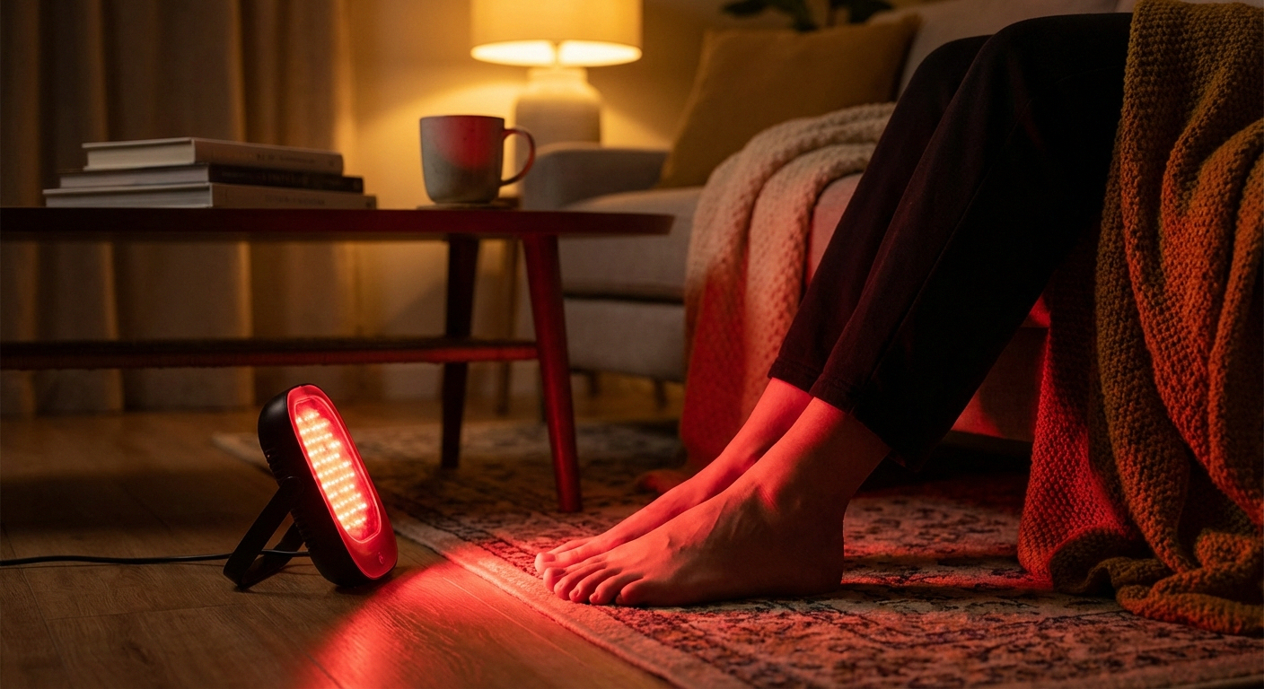 Feet illuminated by warm red glow of light therapy device in comfortable home setting