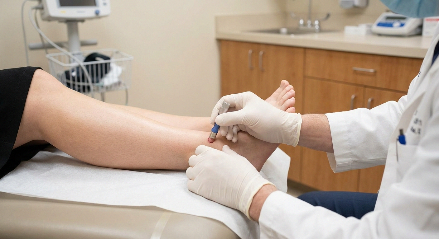 Doctor performing skin punch biopsy on lower leg to diagnose small fiber neuropathy