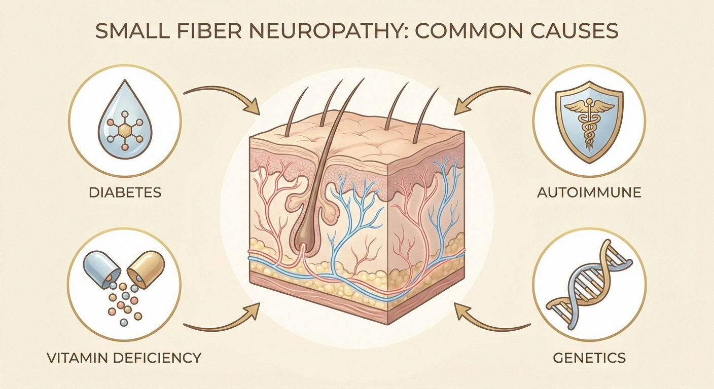 Infographic showing the common causes of small fiber neuropathy including diabetes, autoimmune conditions, and vitamin deficiency