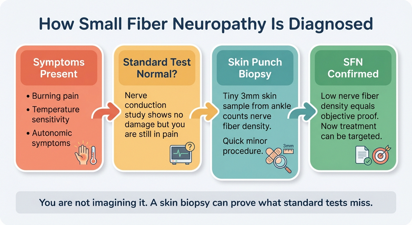 Flowchart showing the four-step diagnosis pathway for small fiber neuropathy from symptoms to skin punch biopsy
