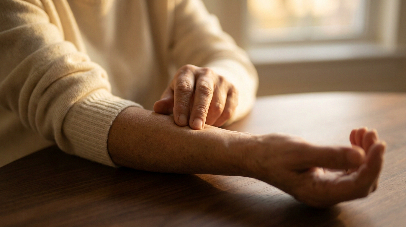 Older person with olive skin gently touching their inner forearm to test sensation, a common experience in small fiber neuropathy