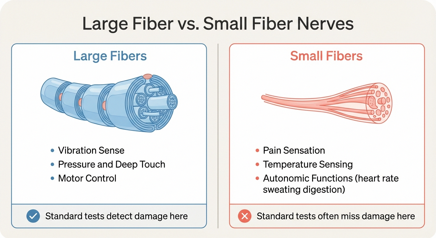 Comparison diagram showing large nerve fibers versus small nerve fibers and what each type controls