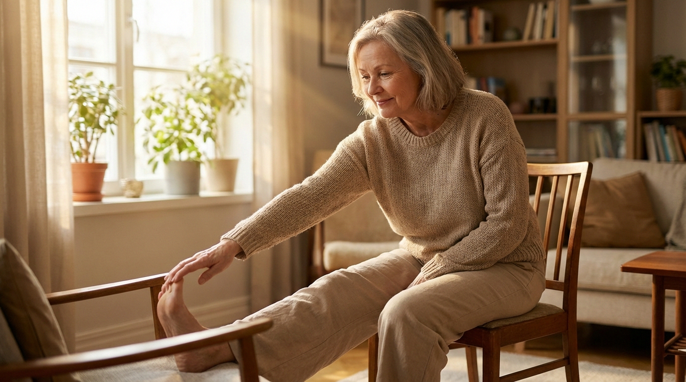 Older woman doing gentle chair yoga in a sunny living room, representing active management and resilience with small fiber neuropathy