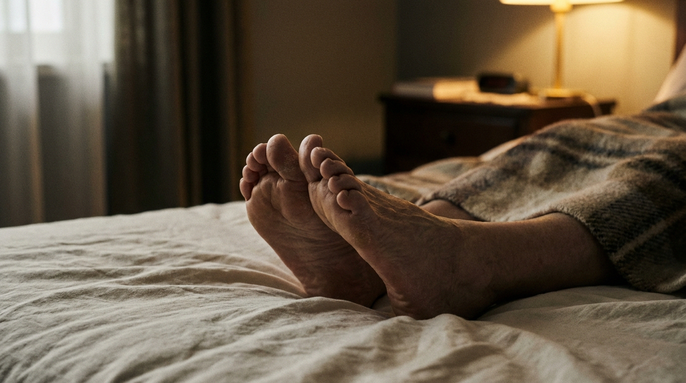 Older woman's feet resting on bed sheets, conveying the burning pain and allodynia characteristic of small fiber neuropathy