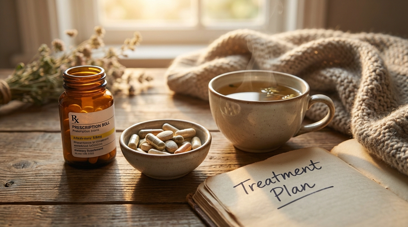 Medication bottle, supplements, and treatment plan notebook representing both medical and natural treatment approaches for small fiber neuropathy