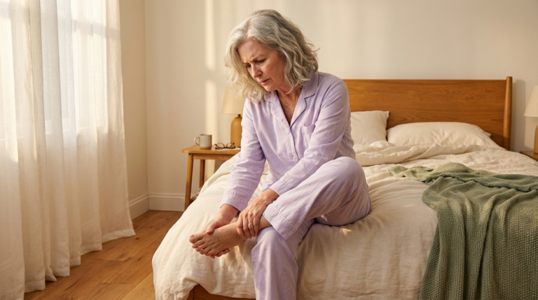 Woman examining numb tingling feet as early sign of peripheral neuropathy