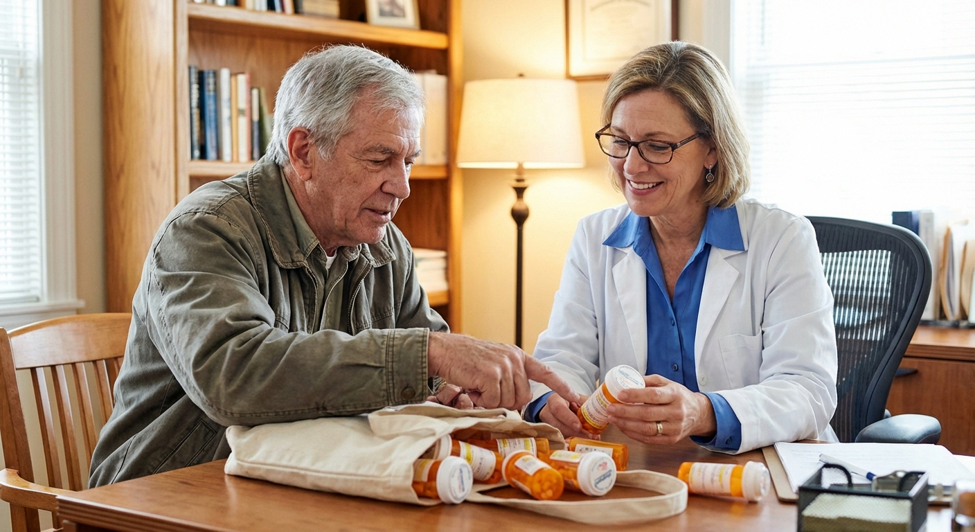 Patient reviewing prescription medications with doctor to identify neuropathy causes