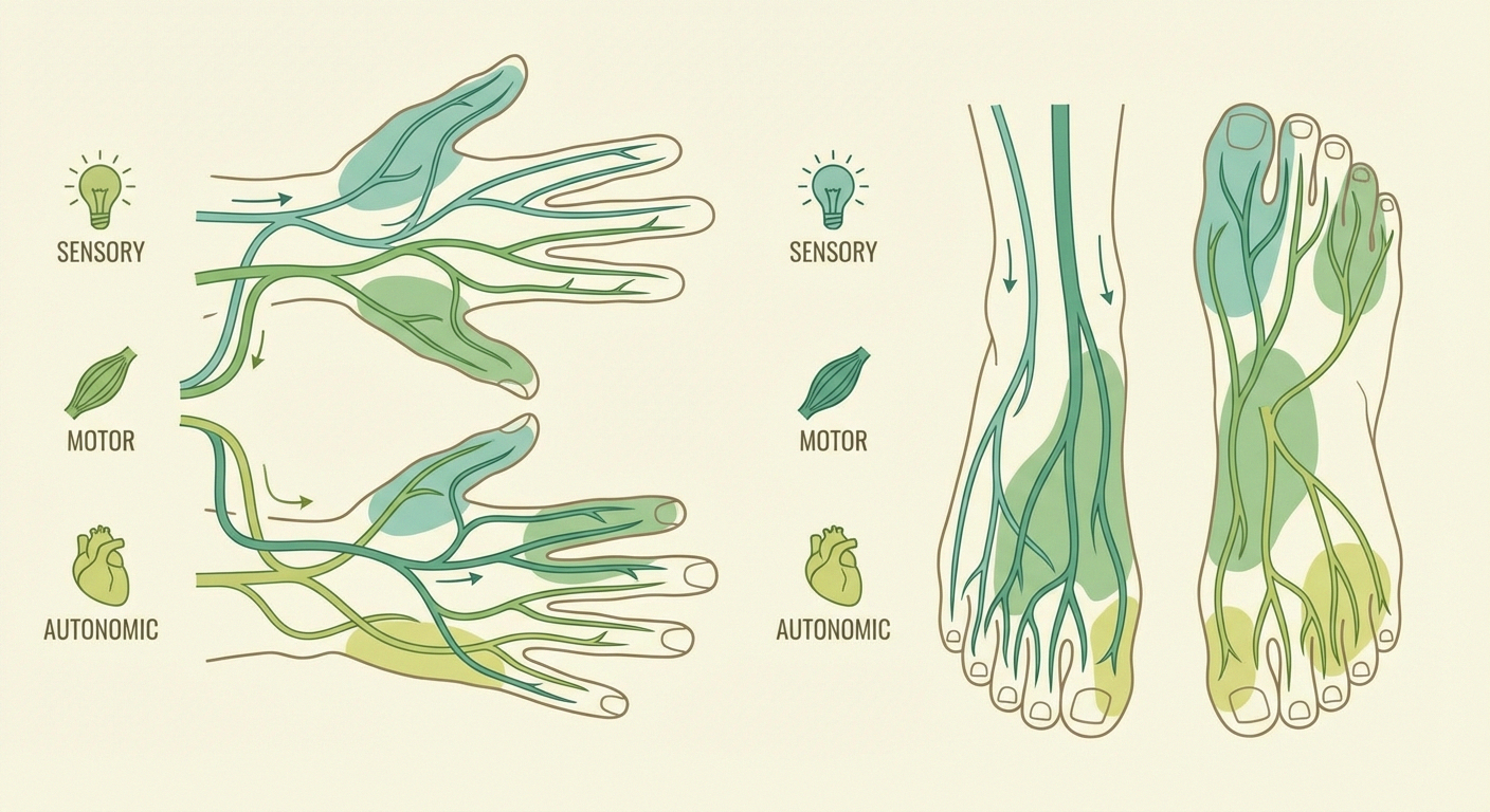 Anatomy diagram showing peripheral neuropathy types affecting hands and feet — sensory, motor, and autonomic nerves