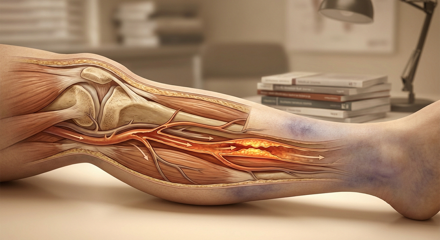 Medical illustration of blood circulation in the leg showing arteries and veins with blood flow patterns related to vascular pain