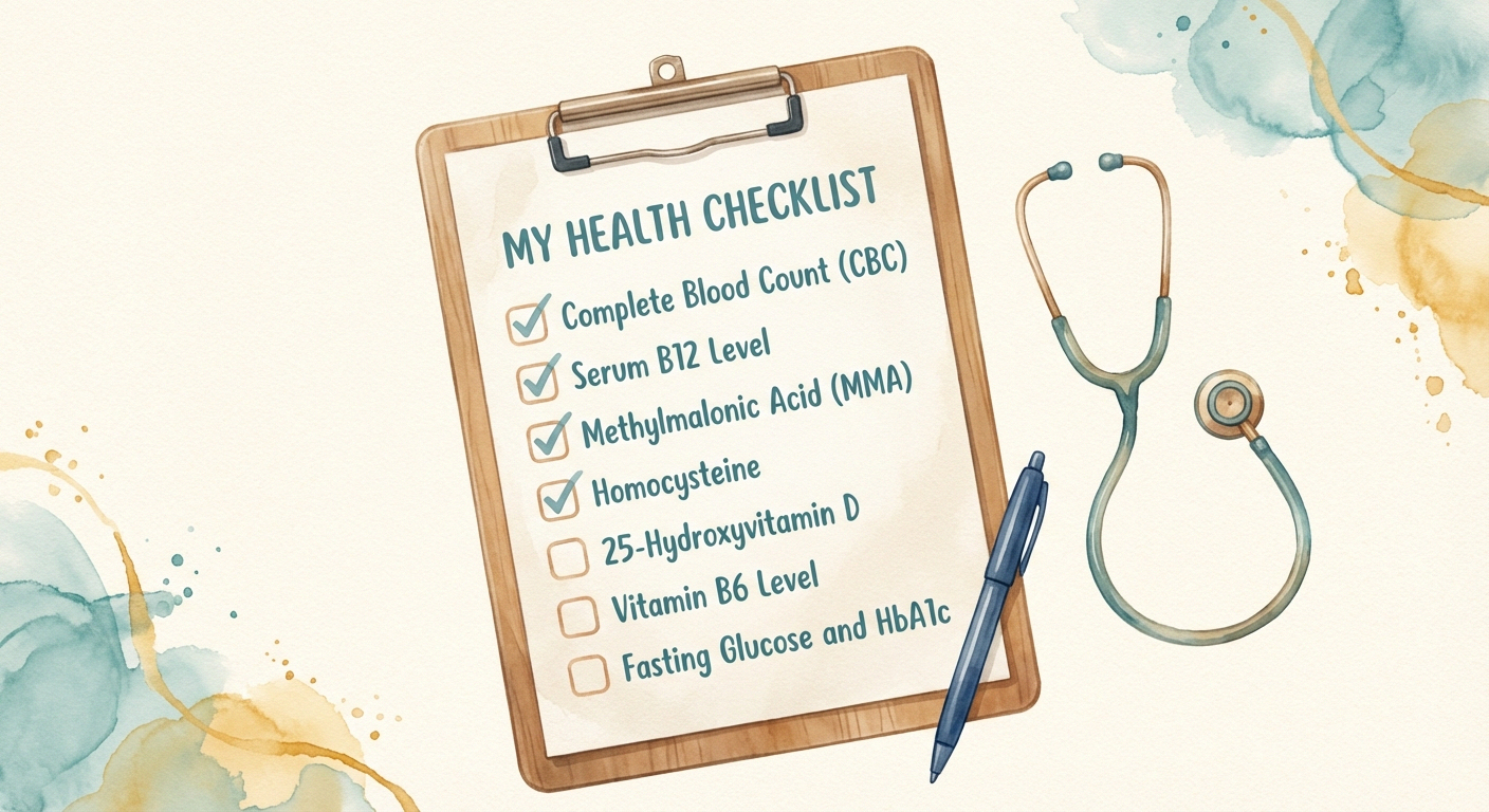 Watercolor illustration of a clipboard with blood test checklist including B12, MMA, homocysteine, vitamin D, B6, and fasting glucose tests for diagnosing neuropathy