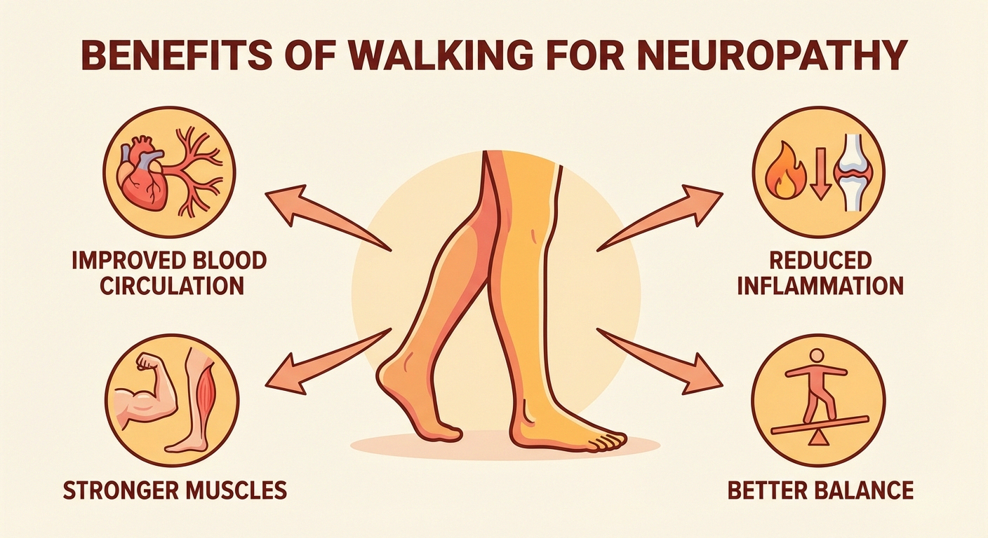 Infographic showing how walking benefits peripheral neuropathy including improved blood flow and nerve health