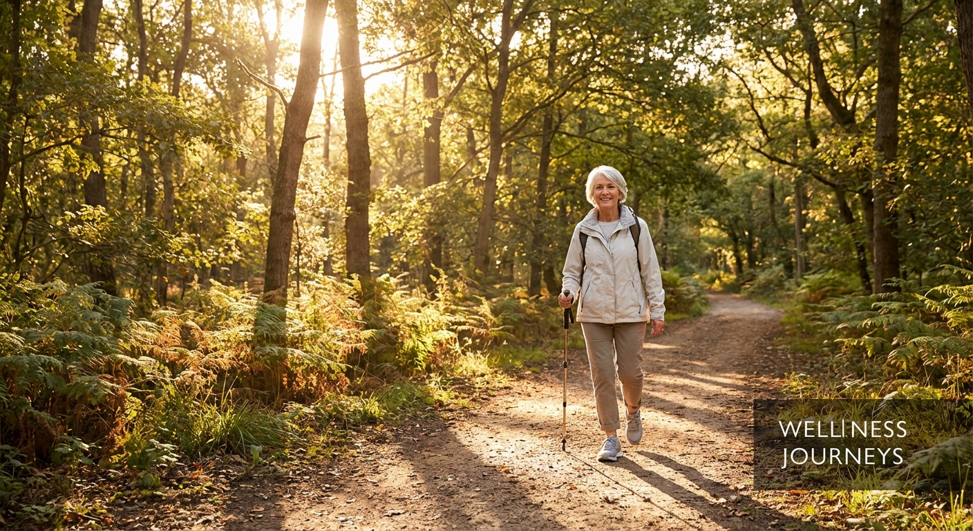 Senior woman walking on a peaceful nature trail in morning light with supportive shoes for neuropathy