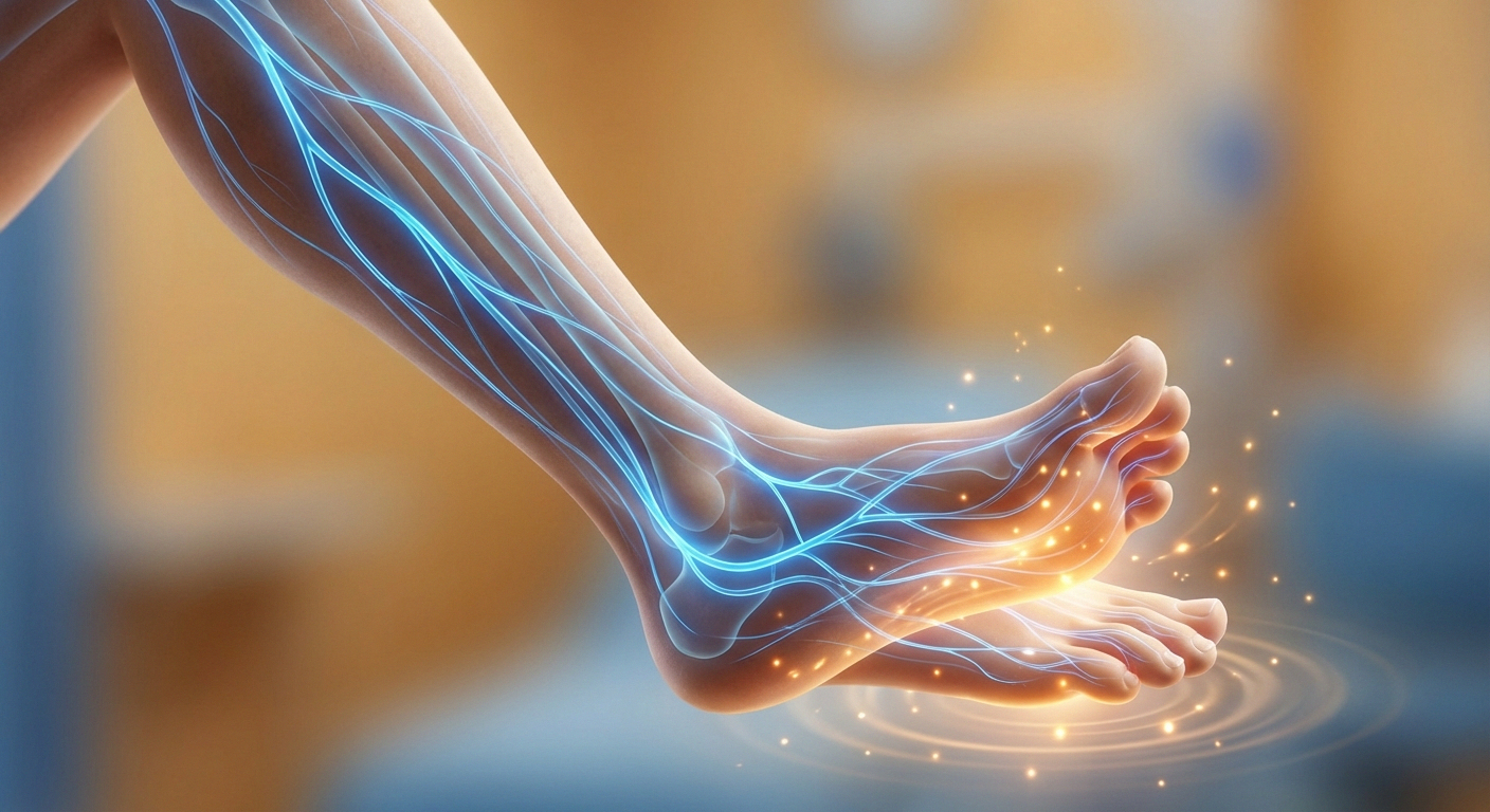 Medical illustration of peripheral neuropathy showing damaged nerve fibers with burning tingling sensations in the foot and leg