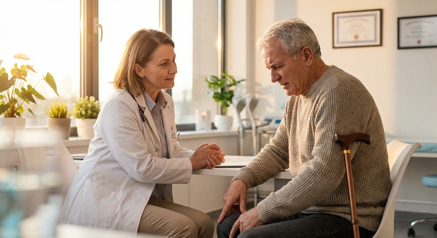 Compassionate healthcare consultation scene representing when to seek medical help for chronic nerve or vascular leg pain