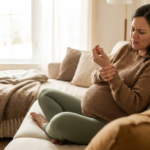 Pregnant woman holding her wrist while sitting on sofa, experiencing carpal tunnel syndrome symptoms during pregnancy